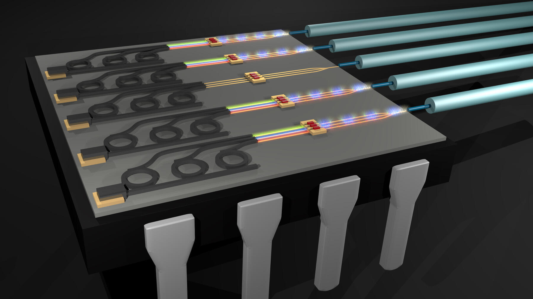 Illustration of a future optical transmitter chip which combines photonics (lasers), plasmonics (signal modulators) and electronics (control signals) together to achieve extreme performance and efficiency.
