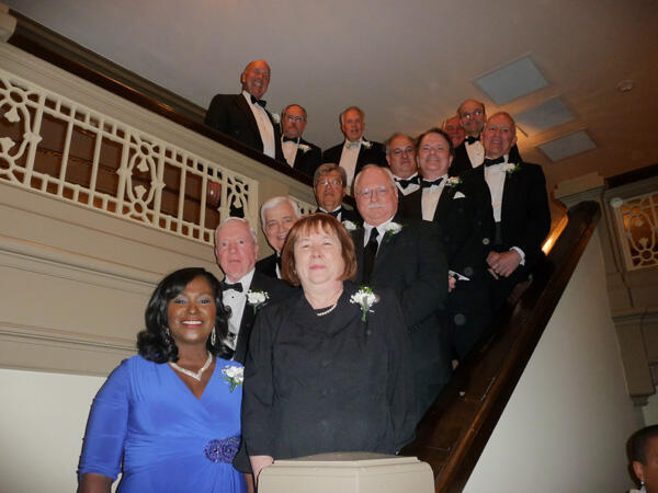 The Virginia Communications Hall of Fame inducted 14 communications standouts, three of them posthumously, during a ceremony April 12 at the John Marshall in Richmond. Here, the inductees or family representatives lined up for a photo before the ceremony began. Television journalist Roger Mudd, one of the inaugural inductees in 1986, served as emcee. This is the 25th anniversary of the Hall of Fame, which is sponsored by VCU’s <a href="http://masscomm.vcu.edu/">School of Mass Communications</a>. Additional details about this year’s inductees may be found <a href="../news/Virginia_Communications_Hall_of_Fame_to_Induct_14">here</a>. Photo by Mike Porter, VCU Office of Communications and Public Relations. 
