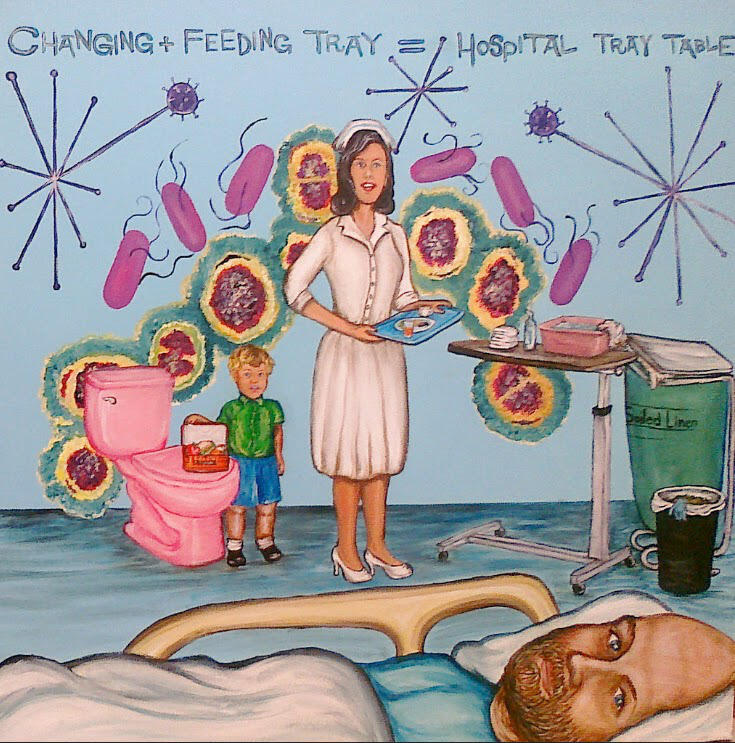 “Are you alright?” — a 24” x 24” painting by Regina Holliday depicting the danger of infection when using a hospital tray table for food and bedding changes.