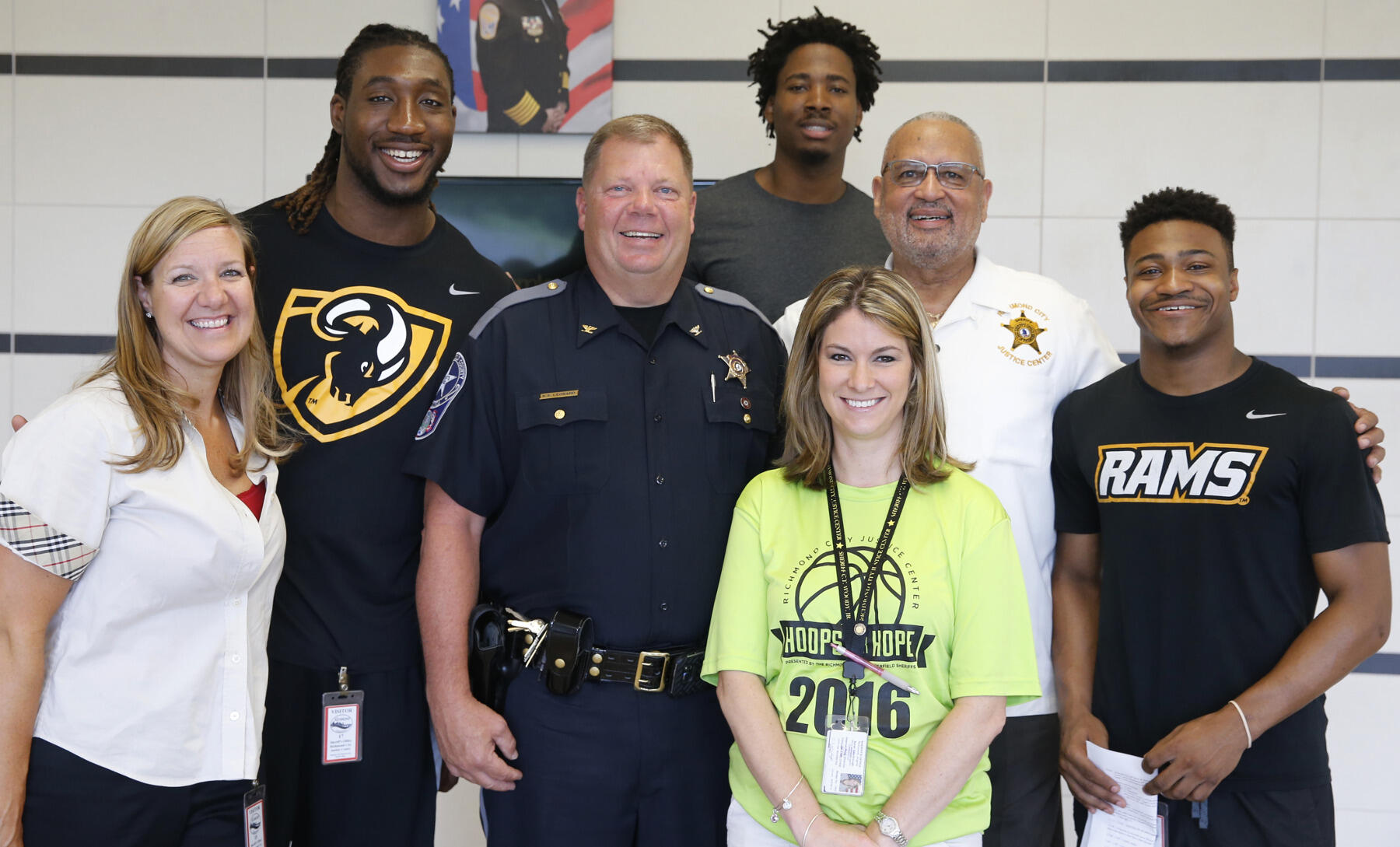 From left to right: Robyn McDougle, Mo Alie-Cox, Chesterfield Sheriff Karl S. Leonard, Ed Davis, Sarah Scarbrough, Richmond Sheriff C.T. Woody Jr. and Torey Burston.