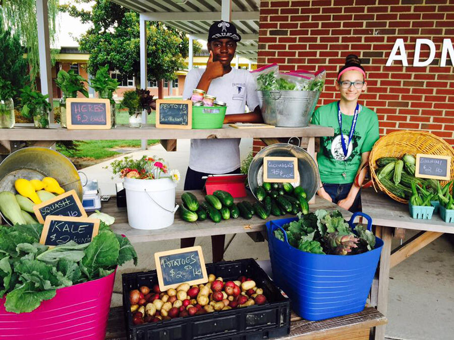 Students sell affordable fresh produce grown at Fairfield Middle School as part of the Grow On! Garden Market Program.