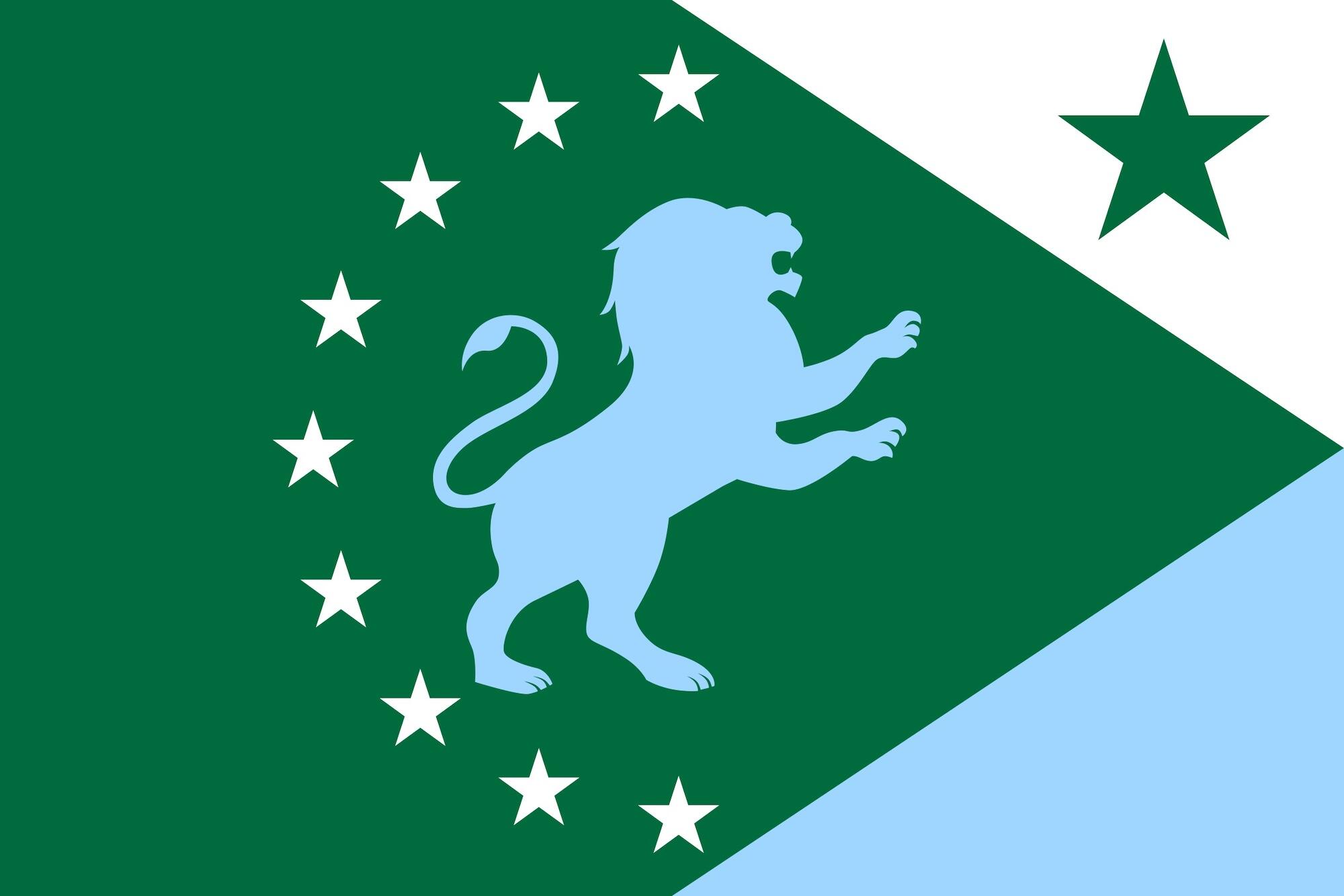A blue lion on its hind legs against a green background with white stars surrounding half of it and a green star in the upper right corner.