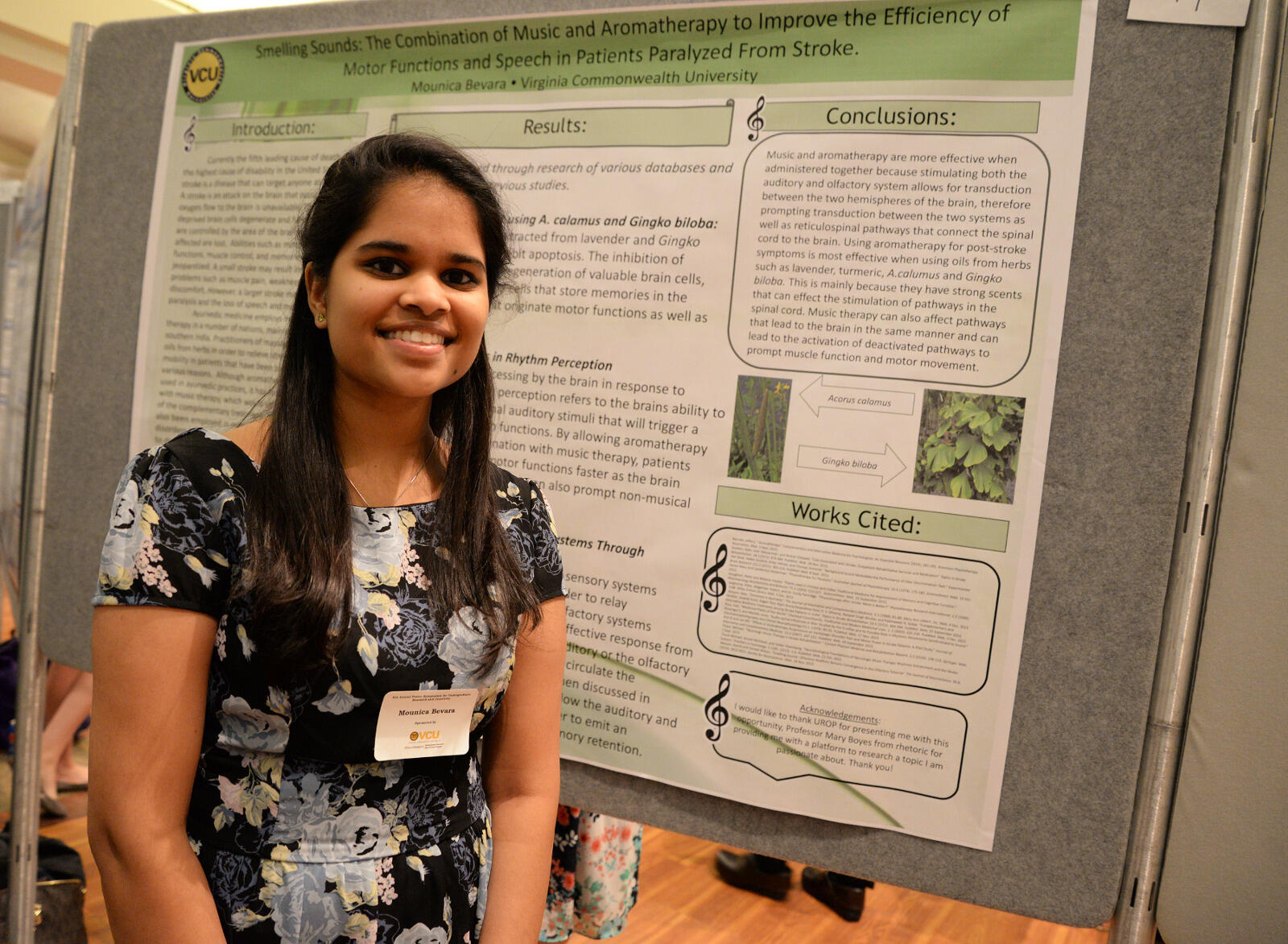 Mounica Bevara presented a poster on music and aromatherapy for stroke patients at the 10th Annual Poster Symposium for Undergraduate Research and Creativity, held Wednesday, April 20 at the University Student Commons.