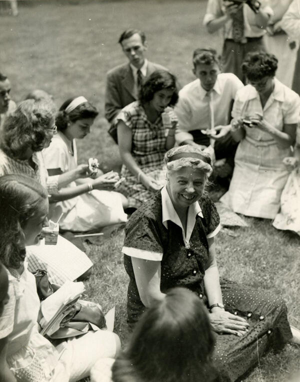 Eleanor Roosevelt speaks with Encampers in 1946.
<br>Source: VCU Libraries' "Encampment for Citizenship: Education for Democratic Living" digital exhibit.

