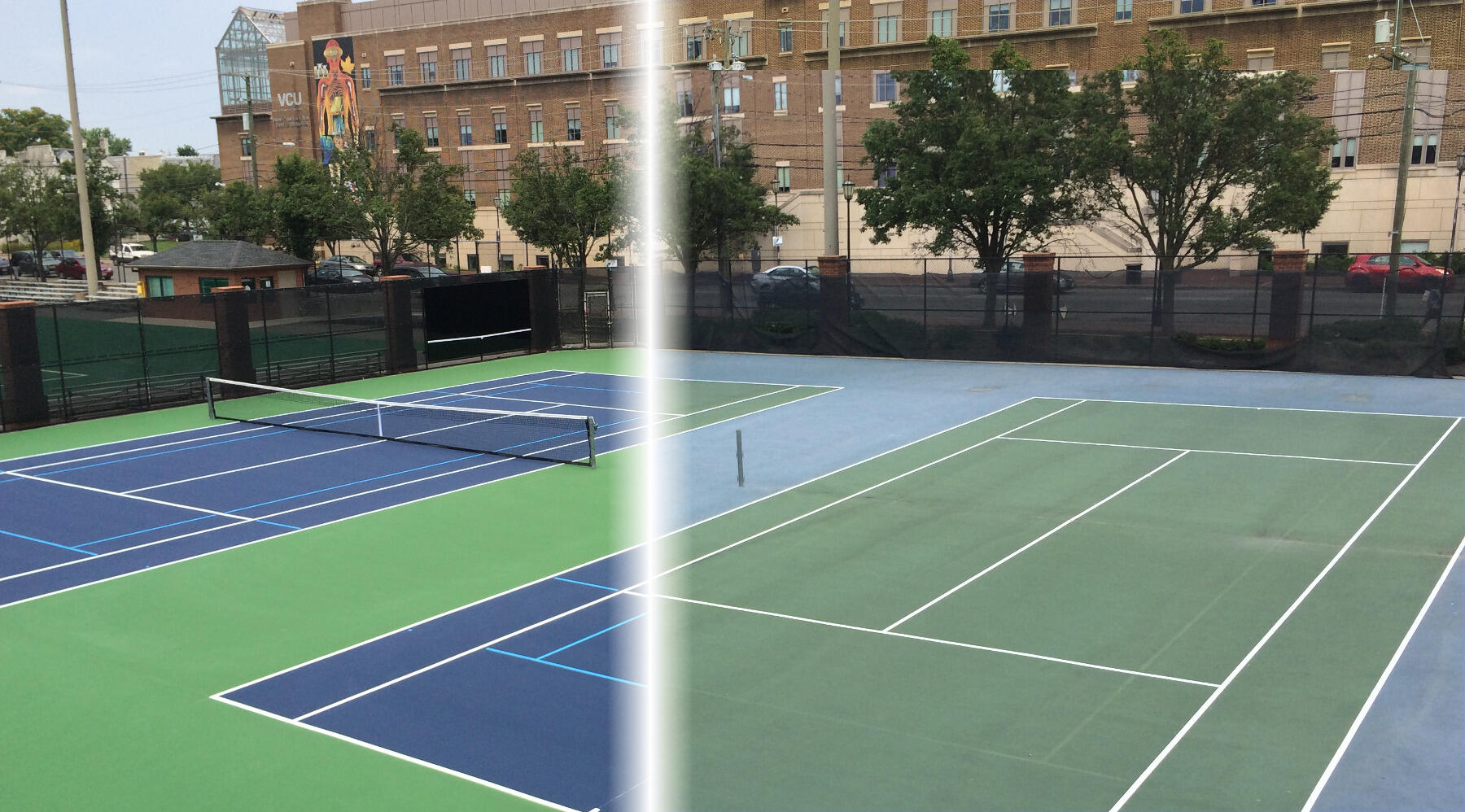 Tennis courts at the Mary and Frances Youth Center after the renovation project, at left, and prior to the renovation, at right. The center's courts now include QuickStart lines that shrink the size of the playing surface for younger children.