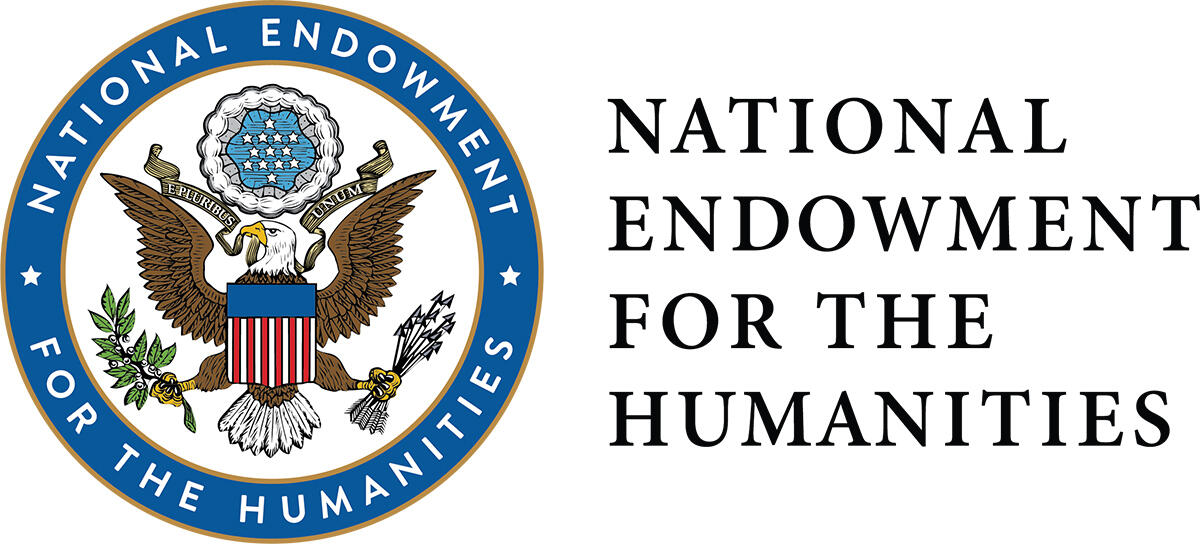 The National Endowment For The Humantities logo. It has the name of the organization in a blue ruing around an illustration of an eagle holding a branch in one claw and arrows in the other. The eagle also has a shield on it with a blue bar and white and red stripes. 