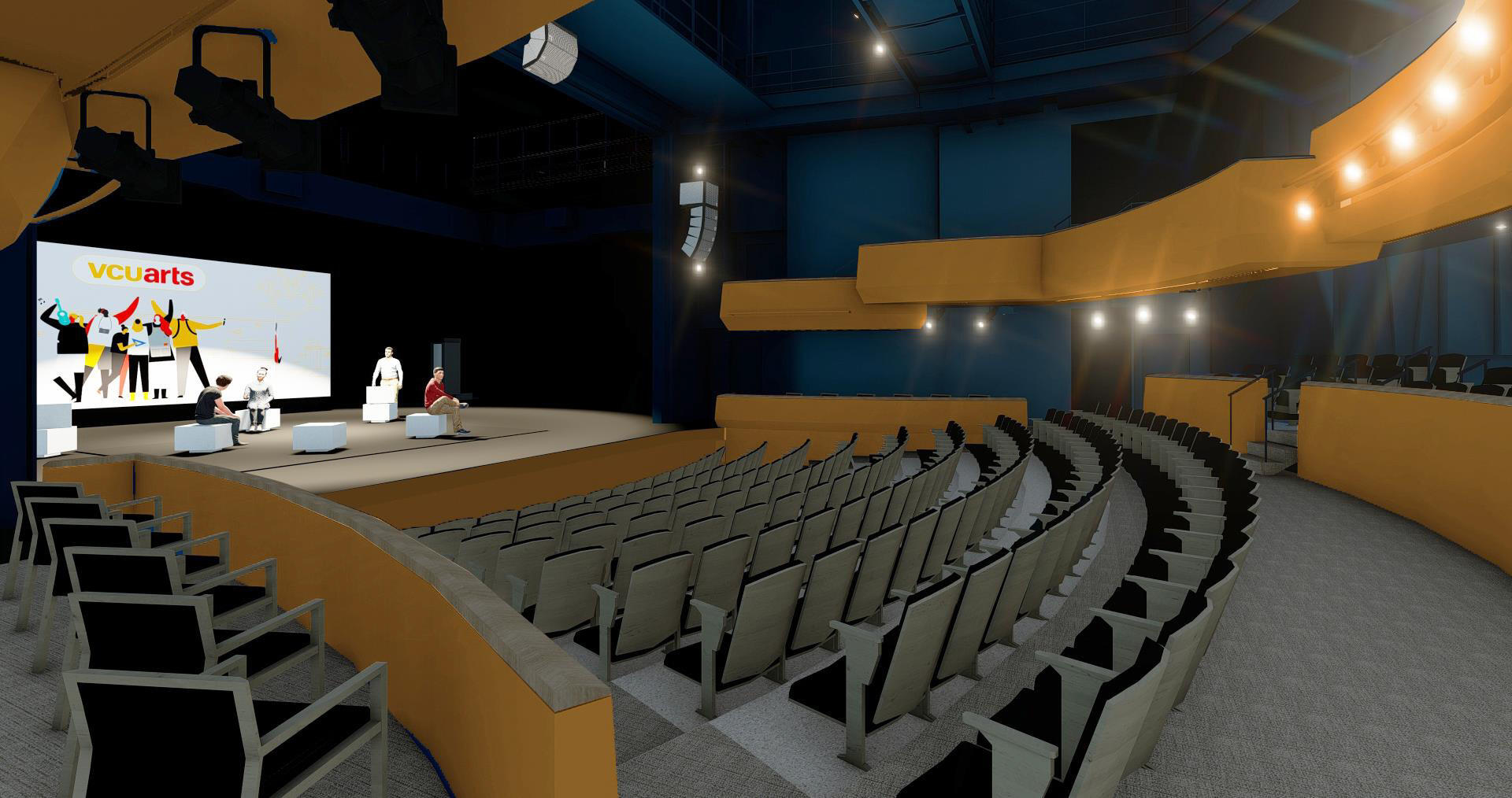 A 3D rendingering of a therater where rows of seats lead up to a stage. 
