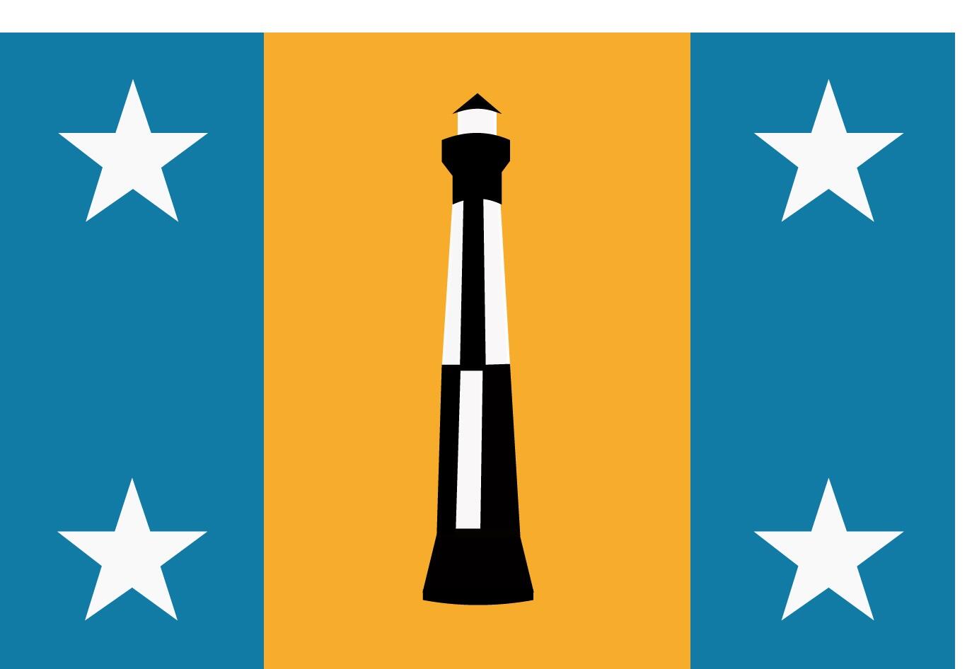 A lighthouse surrounded by a yellow background. The right and left edges of the flag are blue with large stars at the top and bottom.