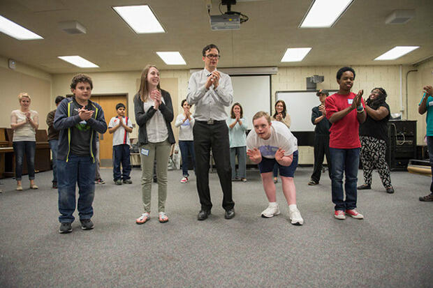 VCU music student Meredith Haynie (second from left) participates in a class activity. <br>
Photo by Doug Buerlein