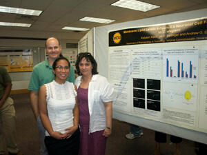 Kalyann Kauv, junior, VCU College of Humanities and Sciences, (center) stands with her mentors, Jill C. Bettinger, Ph.D., assistant professor, and Andrew G. Davies, Ph.D., assistant professor in the VCU Department of Pharmacology and Toxicology. Image courtesy of Keith Shelton, Ph.D./VCU.