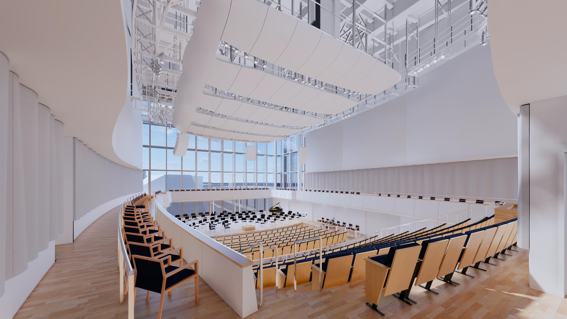 A 3D rendering of a white concert hall filled with chairs. 