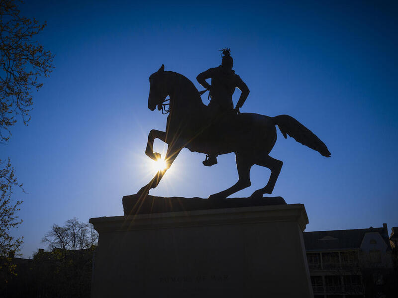 Silhouette of \"Rumors of War\" outside the Virginia Museum of Fine Arts.