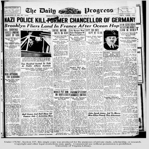 Copy of a 1930s newspaper, The Daily Press, with headlines and news stories about the rise of the Nazi Party in Germany