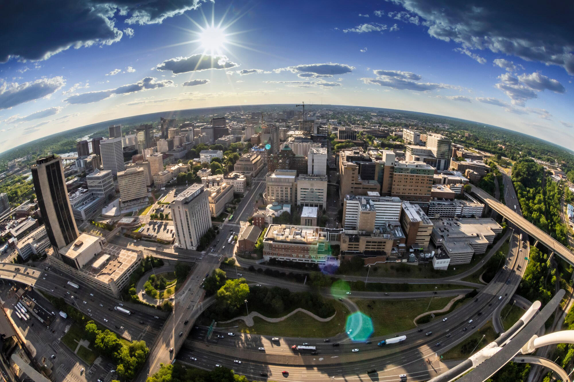 An aerial image of a city skyline, including VCU Health's campus and its surroundings in downtown Richmond.