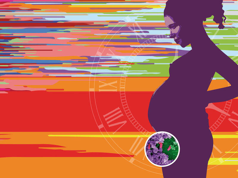 Graphic of a pregnant woman with faint roman numeral clock in the background. 