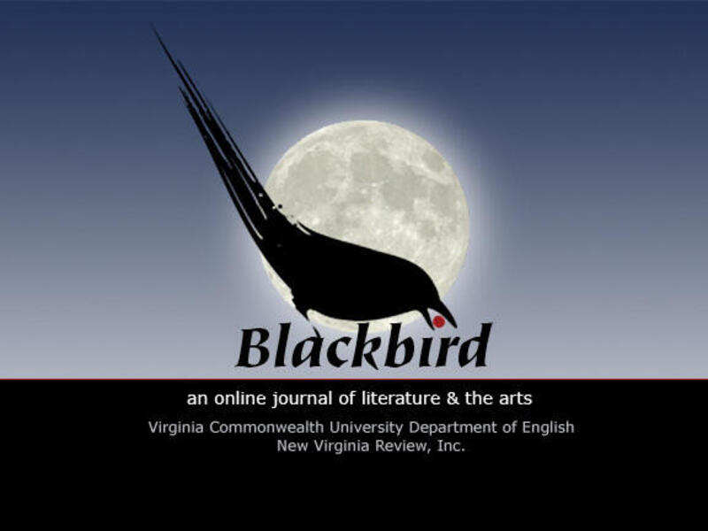 An illustration of a black bird with a full moon behind it. There is a red berry in its mouth. Under the bird is black text that reads \"Blackbird\" 