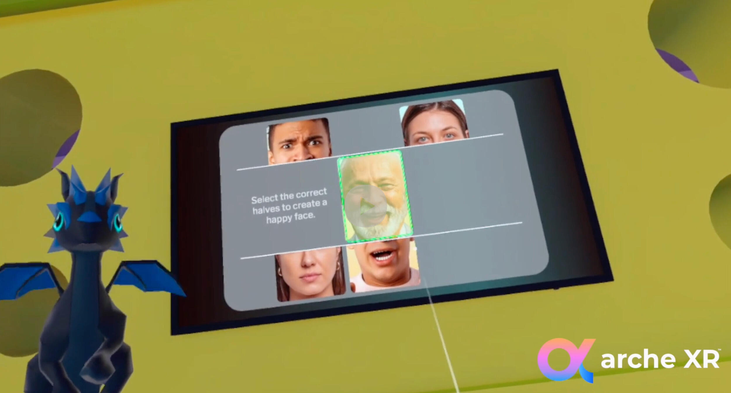 An image of a 3D illustration of a dragon standing next to a screen with people's faces on it. 