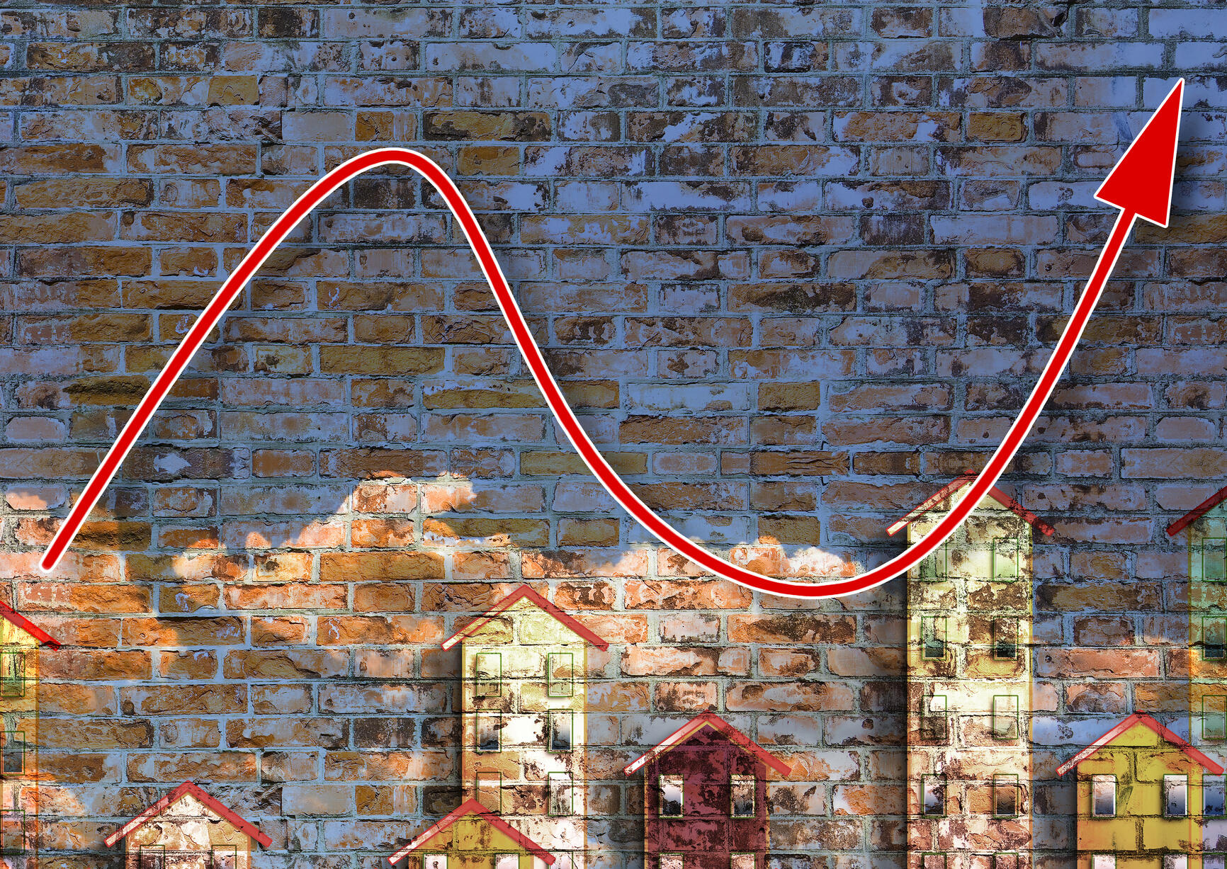 Graphic of a skyline with an arrow going up and down above it.