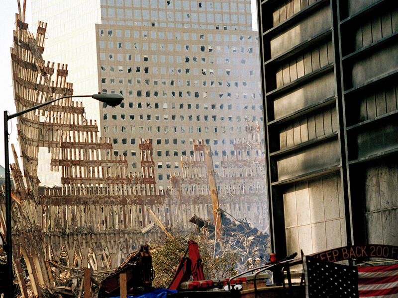 Steel skeleton of the south tower of the World Trade Center Tower days after the 9/11 attacks.