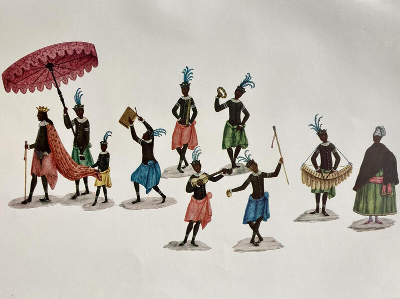 Painting of a group of people during a festive occasion.