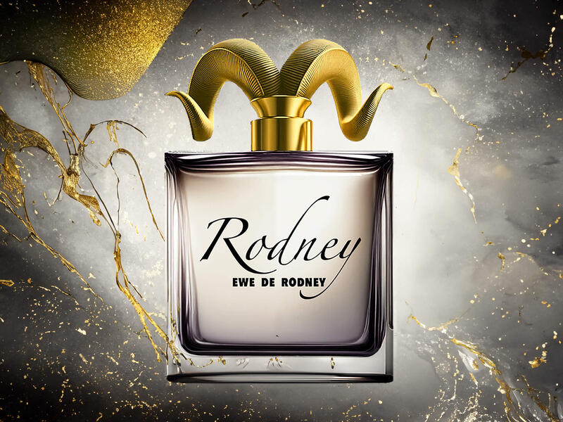 A picture of a perfule bottle that says \"Rodney Ewe De Rodney\"