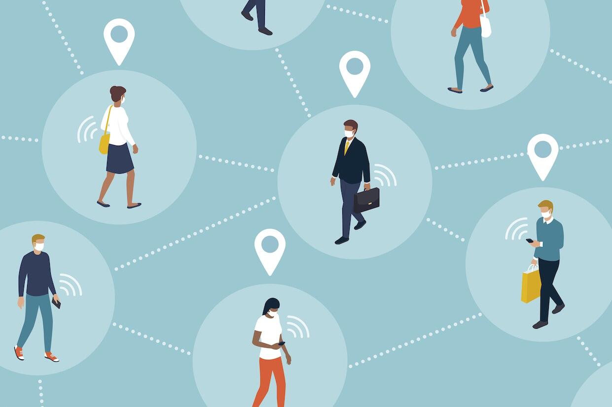 Drawing of an interconnected web of people wearing face masks. Wireless signals emanate from mobile devices.