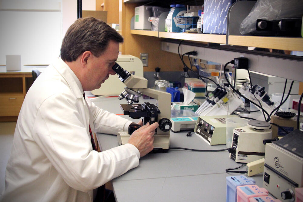 Man in lab looks into a microscope. 