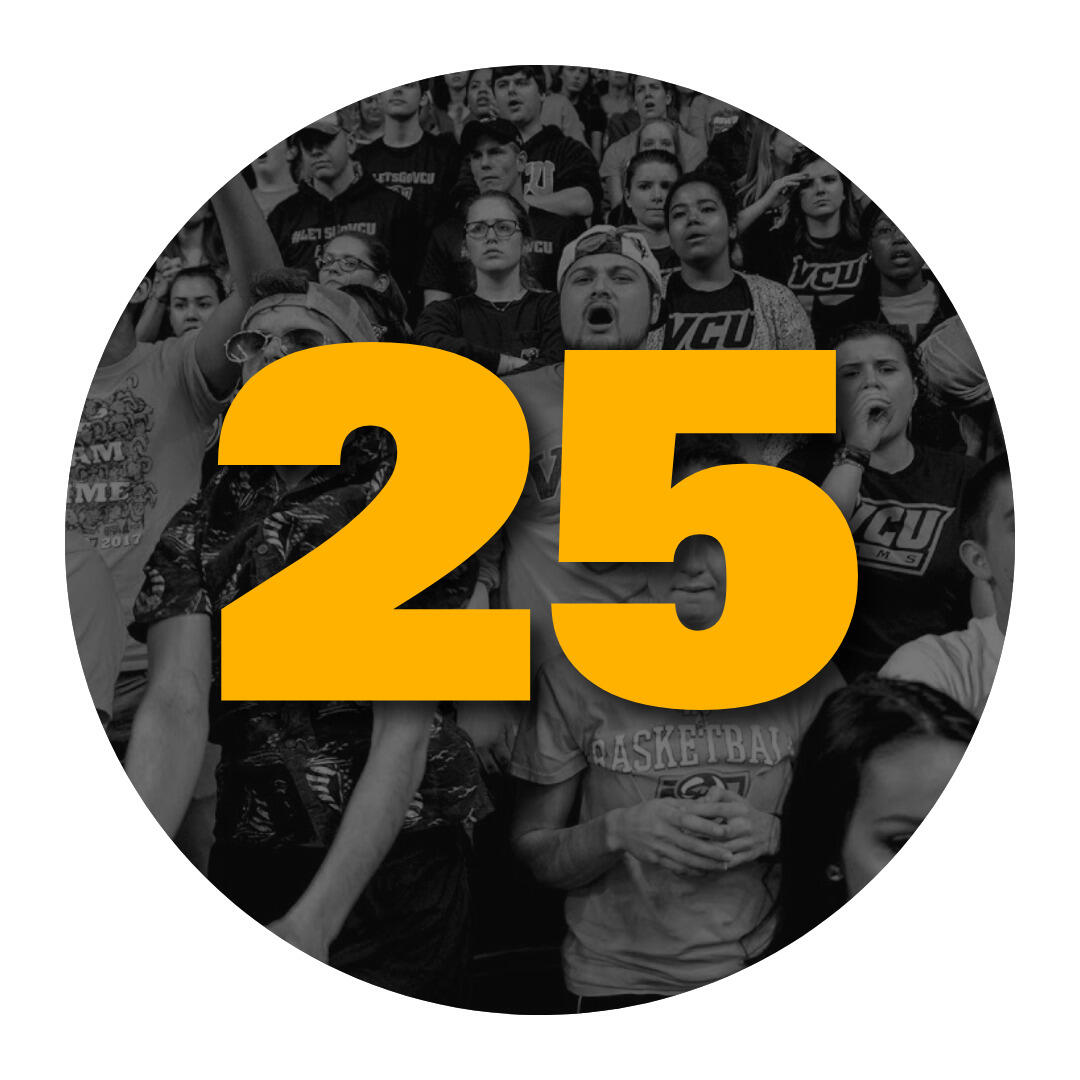 The number 25 overlaying a photo of VCU students cheering at a sporting even.