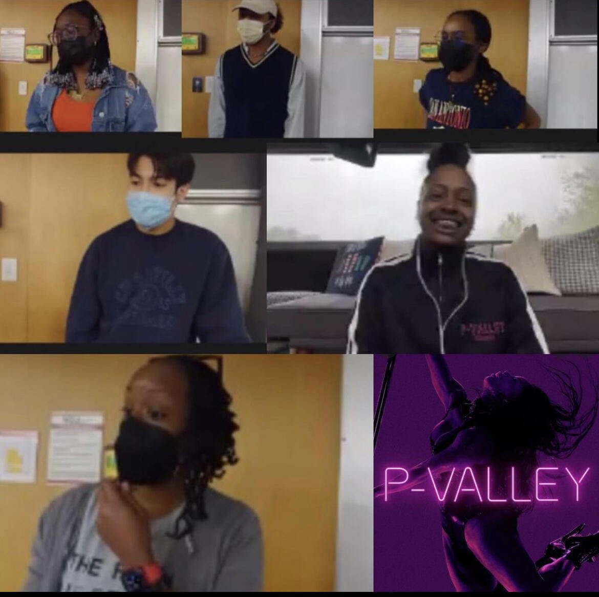The image of six people on a zoom call and an the logo for the TV show \"P-Valley\"