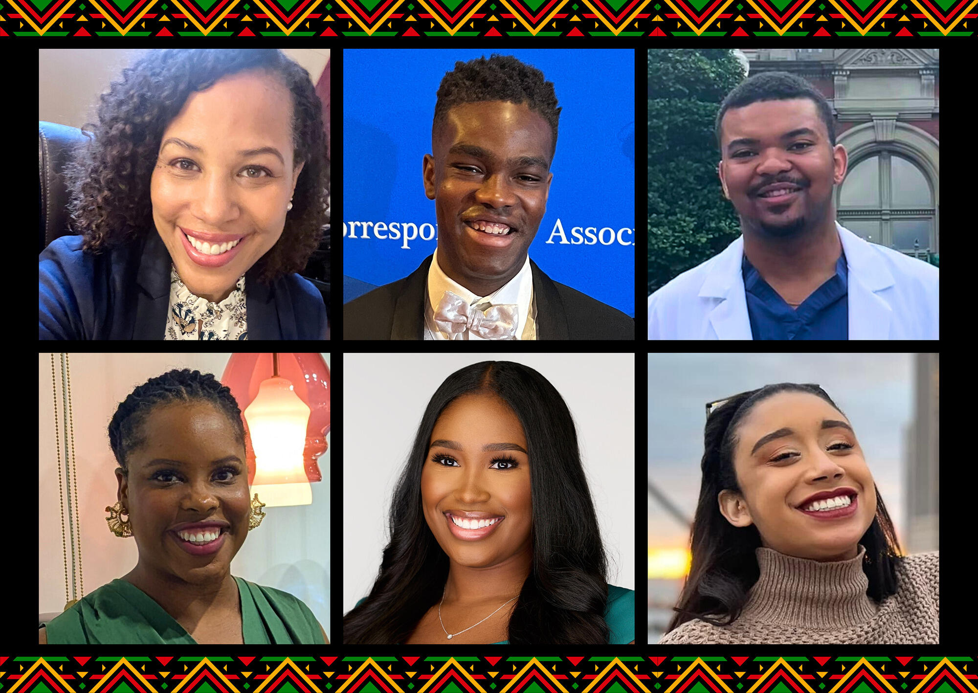 A collage of six photos of people from the shoulders up. 