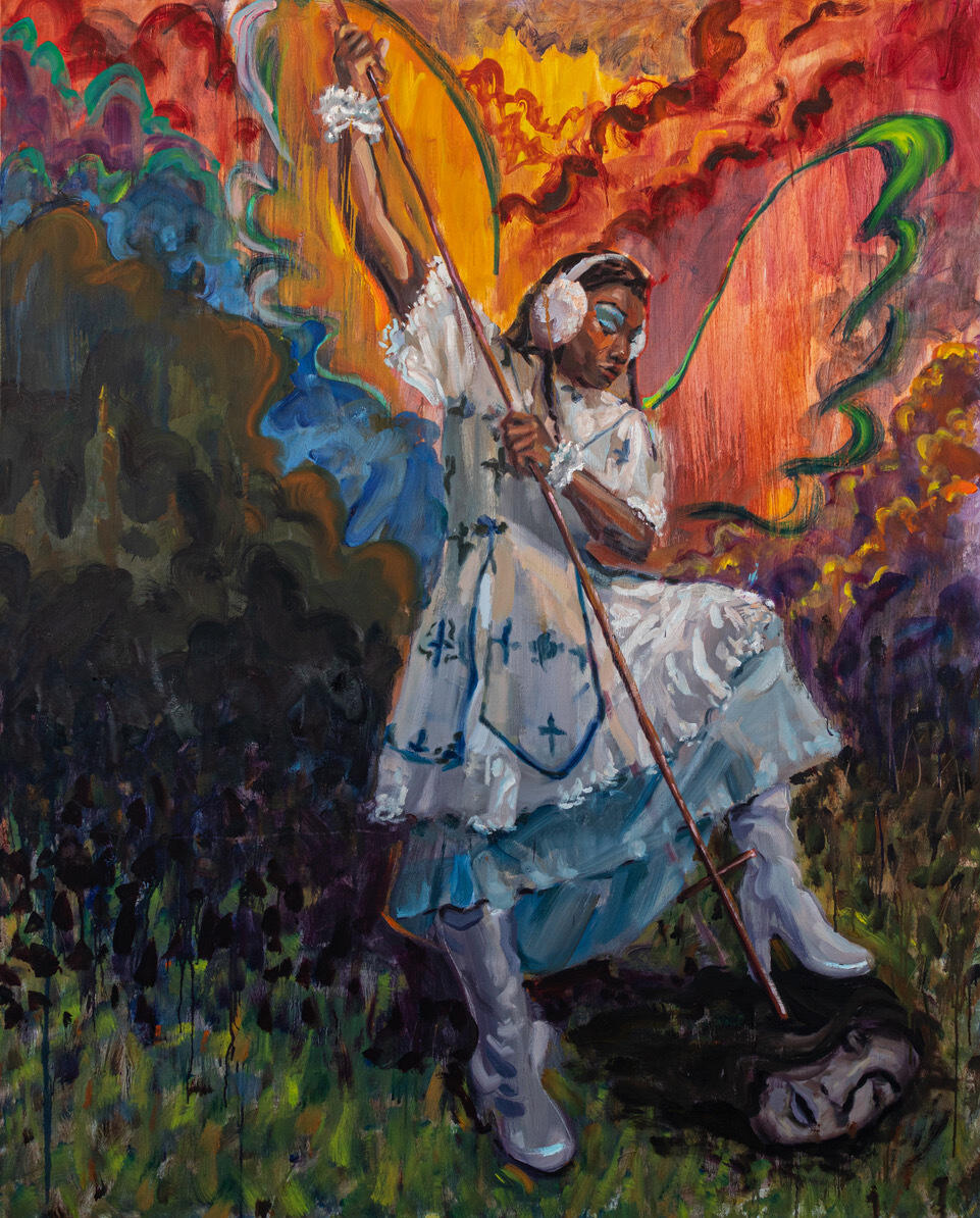 A pairitning of a woman in a dress putting a spear through a decapitated head on the ground. 