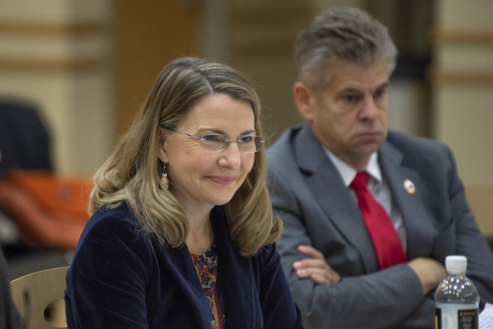 Siobhan Dunnavant, M.D., a Virginia state senator, and Kirk Cox, speaker of the Virginia House of Delegates, discussed the key issues surrounding internships in the state. (Photo by Kevin Morley, University Marketing)