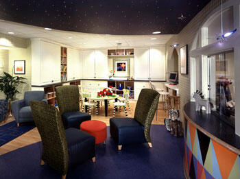 Twinkling star fiber optics in the ceiling greet patients as they enter the spacious lobby of the ASK Pediatric Hematology Oncology Clinic.