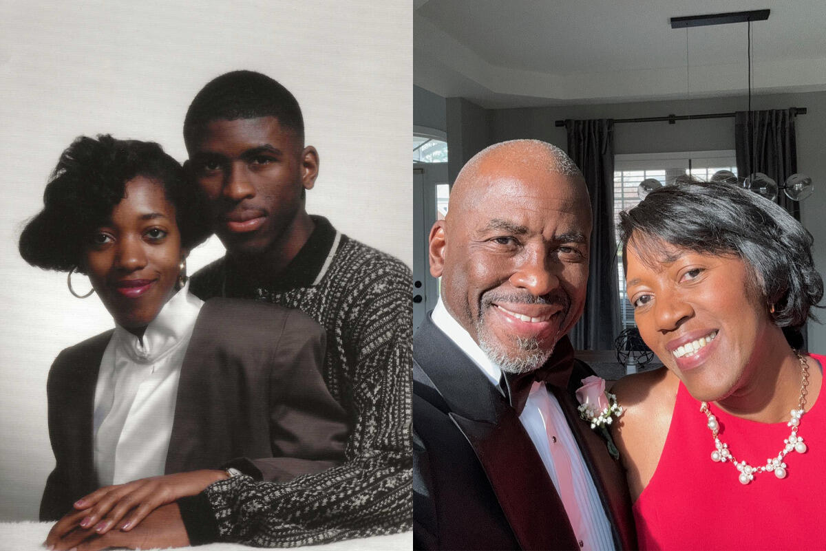 On the left is a man sitting behind a woman. On the right is a man and woman in formal wear. 