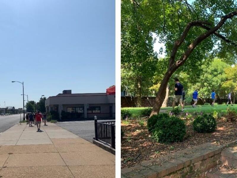On the right is an image of a sidewalk and road. On the left is an image of a park with trees and grass. 