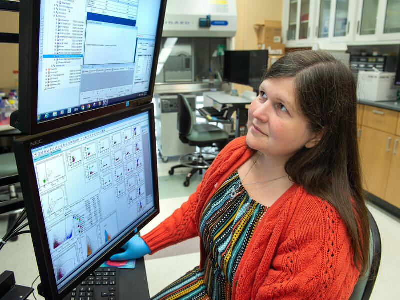 Rebecca Martin, Ph.D., a professor in the School of Medicine, observes a computer monitor in a VCU lab.