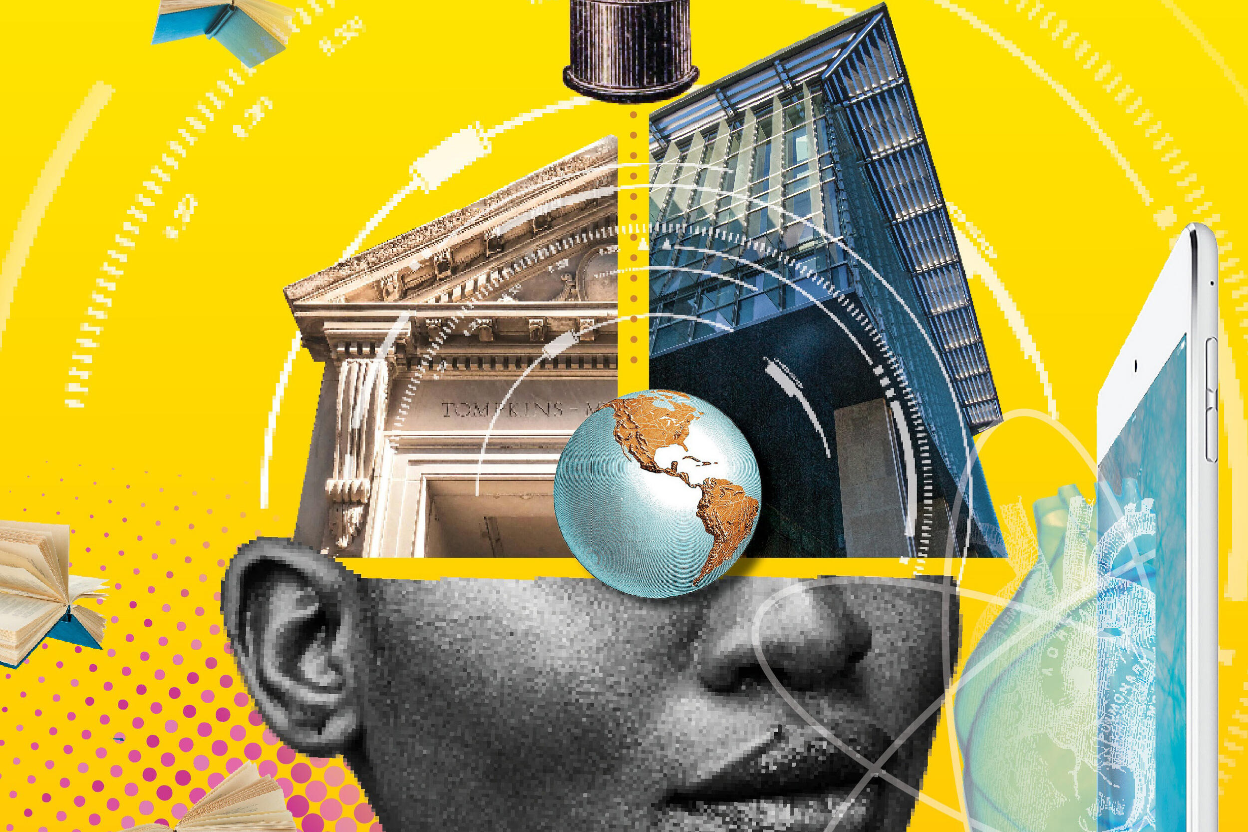 Artistic drawing of V C U libraries' buildings and offerings.