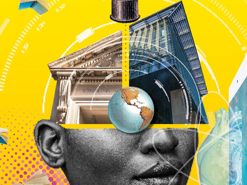 Artistic drawing of V C U libraries' buildings and offerings.