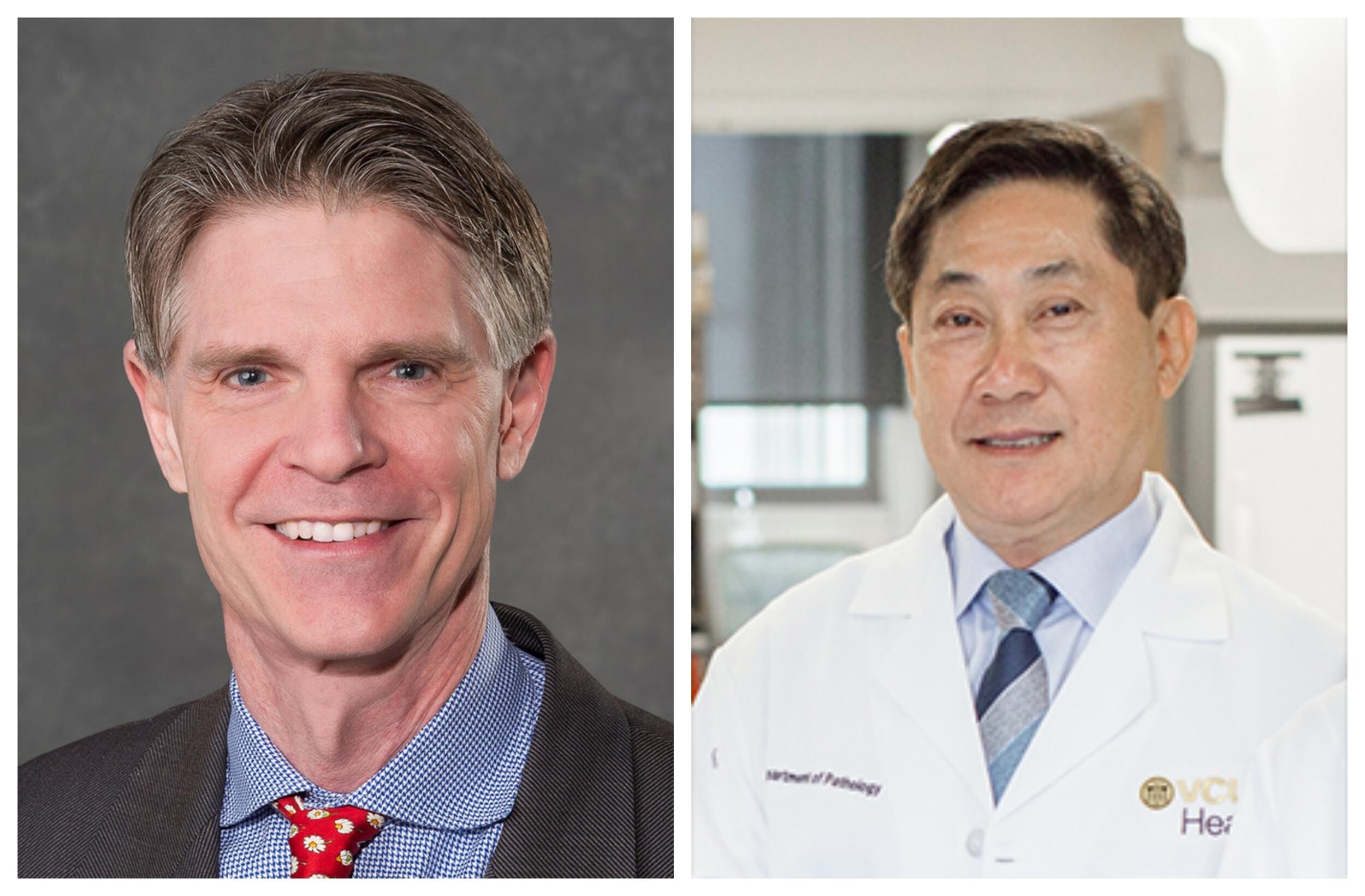 Two photos of men from the shoulders up. 