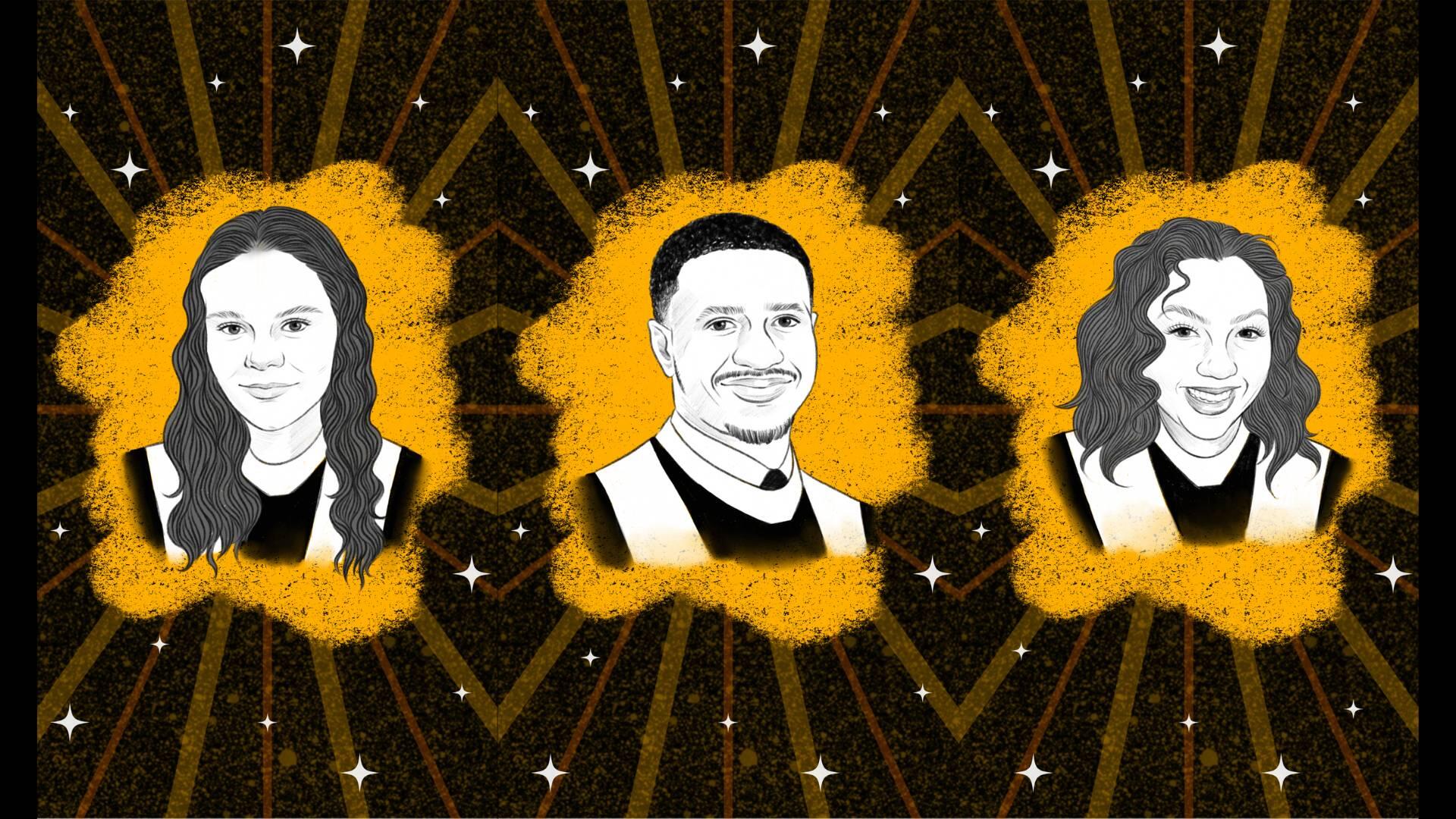 An illustration of three busts of graduating students. 