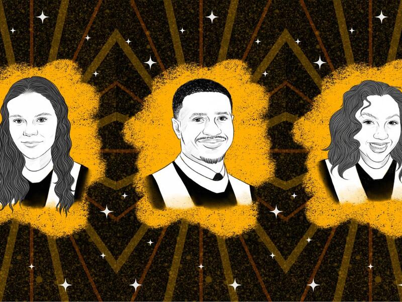 An illustration of three busts of graduating students. 