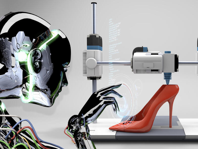 A photo of a robot woman looking at a red high heel shoes that is being 3D printed. 