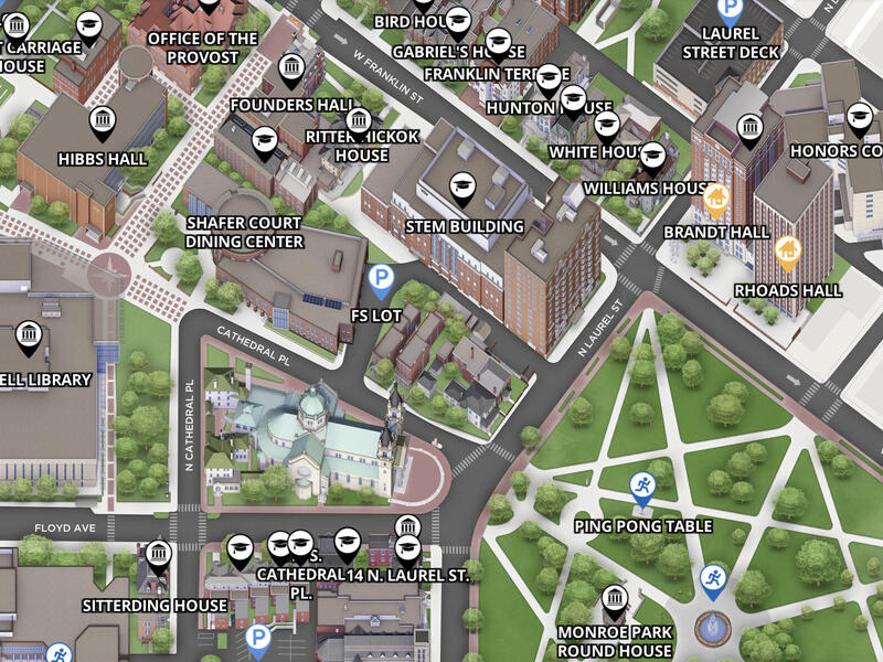 Map of a portion of VCU's Monroe Park campus with various facilities and landmarks marked and listed.