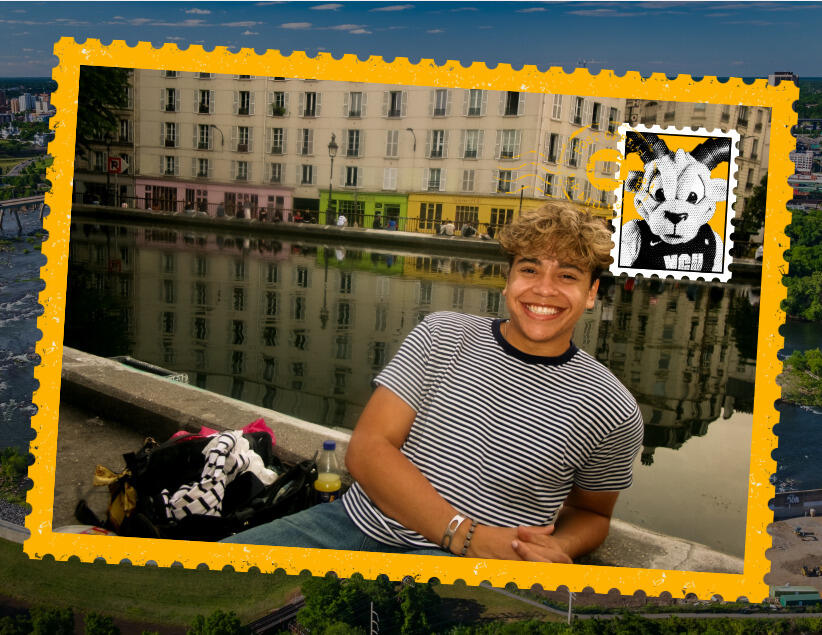 A postcard with a photo of a man sitting next to the Seine River in Paris