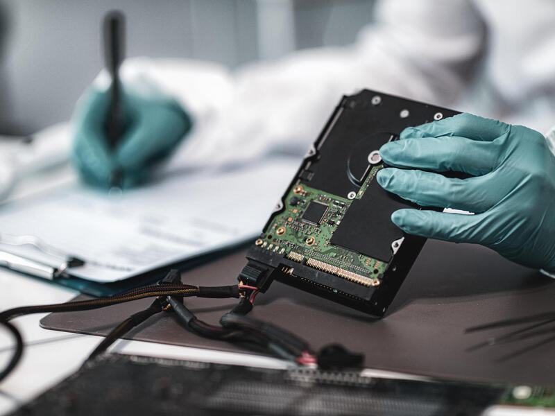 A photo of a person wearing blue latex gloves holding a circuit board in one hand and writing on a clip board with the other. 