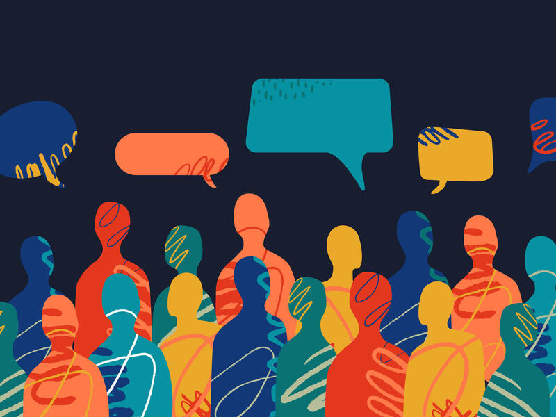 An illustration of the shilloettes of differnt colored people with different colored speech bubbles above them. 