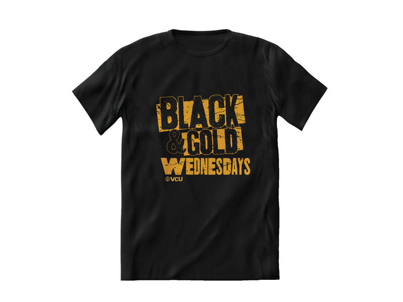 A black t-shirt with black text with yellow outlines and yellow text that reads \"BLACK & GOLD WEDNESDAYS VCU\"