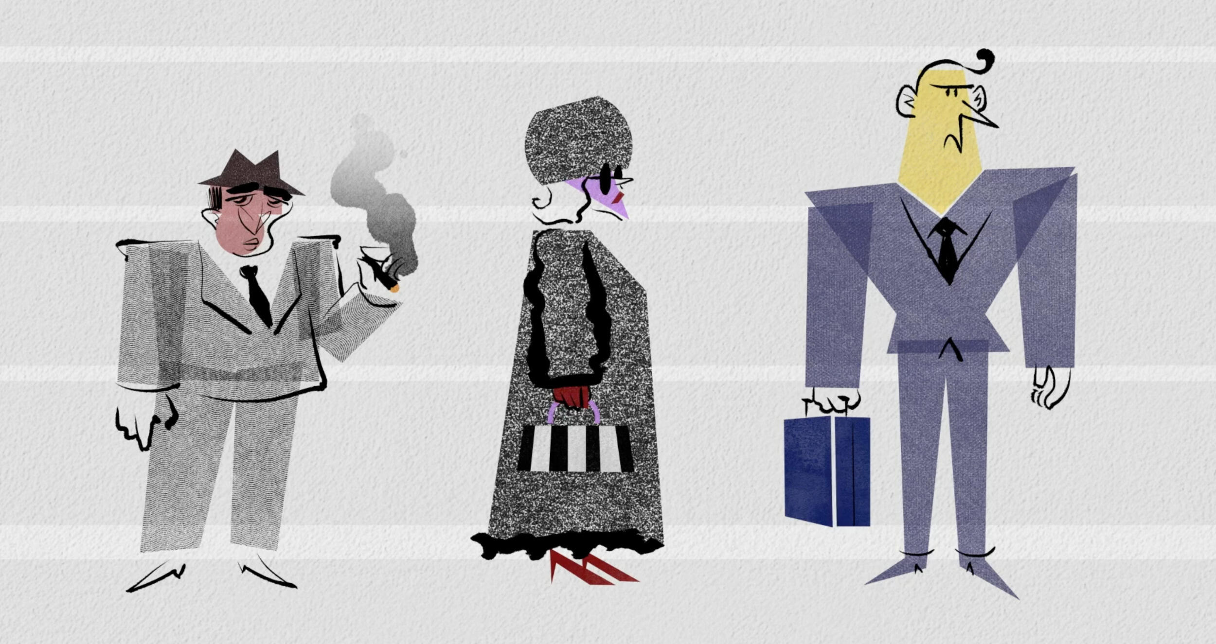 An illustration of two men in suits standing on either side of a rich woman in a fur coat. 