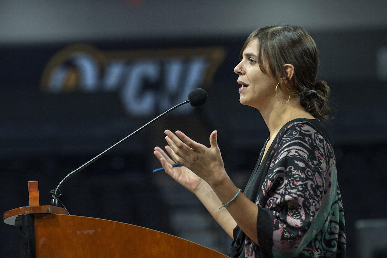 Valeria Luiselli, author of “Tell Me How It Ends,\" addresses students Wednesday at Virginia Commonwealth University.