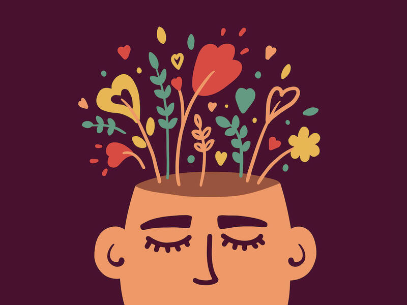 Drawing of a person with flowers and plants growing out of their head.
